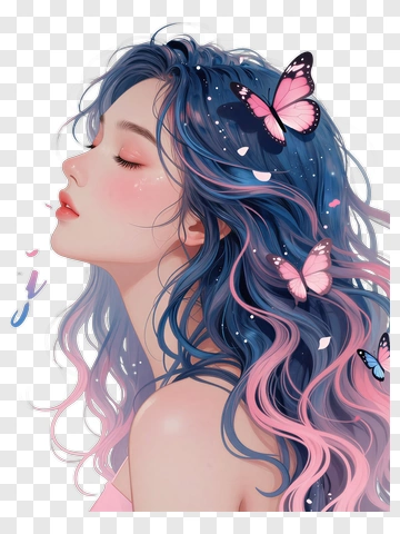 Young Woman With Colorful Hair And Butterflies PNG