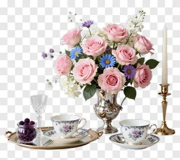 Flower Arrangement With Teacups And Candle PNG