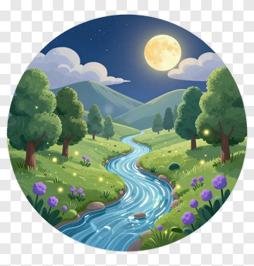Serene Landscape With River Under A Full Moon PNG
