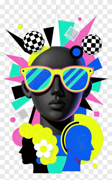 Stylized Black Head With Colorful Sunglasses And Geometric Shapes PNG