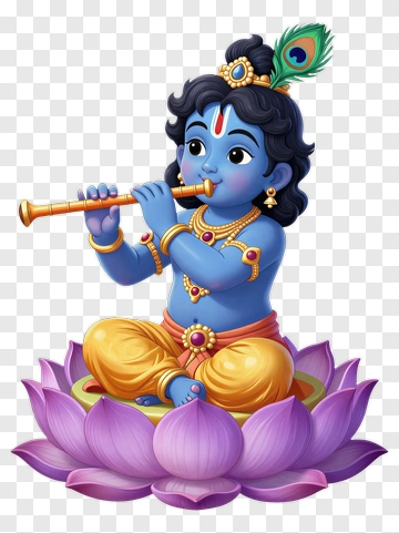 Cartoon Krishna Playing Flute On A Lotus PNG