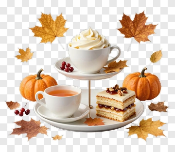 Autumn Dessert Display With Pumpkin And Tea PNG
