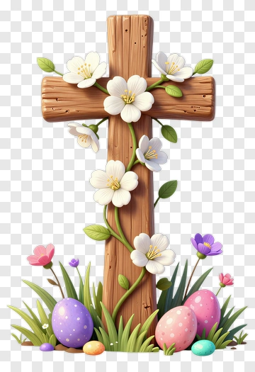 Easter Cross Surrounded By Flowers And Eggs PNG