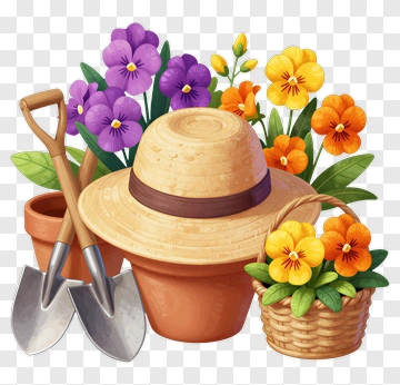 Gardening Tools And Flowers With A Straw Hat PNG