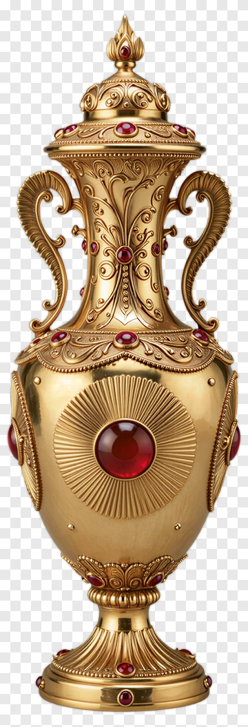 Golden Decorative Vase With Red Gems PNG