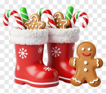 Christmas Candy Canes And Gingerbread Man In Red Boots PNG
