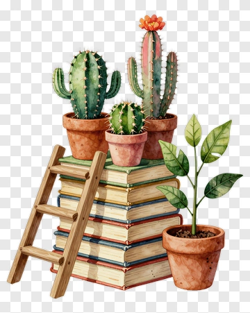Stack Of Books With Potted Cacti And Plants PNG