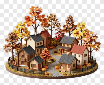 Autumn Village With Colorful Trees And Houses PNG