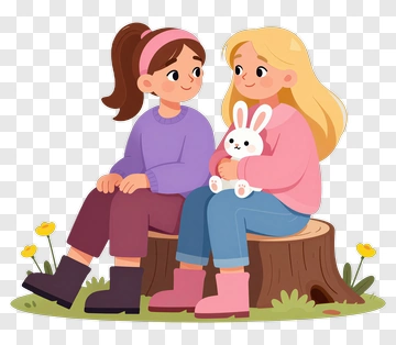 Cartoon Girls Sitting On A Log With A Bunny PNG