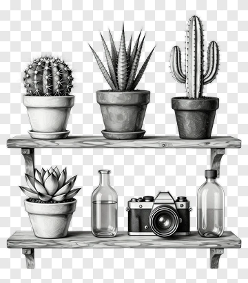 Black And White Shelf With Cacti And Camera PNG