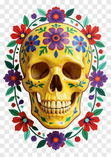 Colorful Sugar Skull With Floral Decorations PNG
