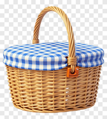 Wicker Picnic Basket With Blue Checkered Lid PNG