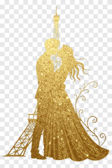 Golden Wedding Couple Kissing In Front Of Eiffel Tower PNG