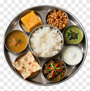 Traditional Indian Thali With Rice And Various Dishes PNG