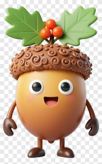 Cartoon Acorn Character With Leaves And Berries PNG