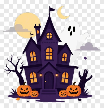Halloween Haunted House With Ghost And Pumpkins PNG