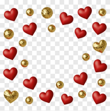 Red Hearts And Gold Glittering Balls Decoration PNG