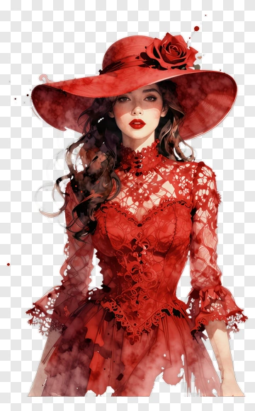 Elegant Woman In A Red Dress And Hat PNG