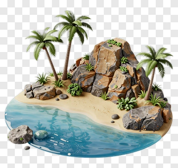 Tropical Beach Scene With Rocks And Palm Trees PNG