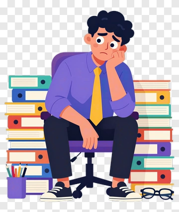 Stressed Student Sitting Among Stacked Books PNG