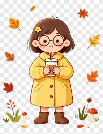 Cartoon Girl Holding A Drink In Autumn PNG