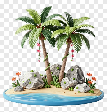 3D Tropical Island With Palm Trees And Rocks PNG