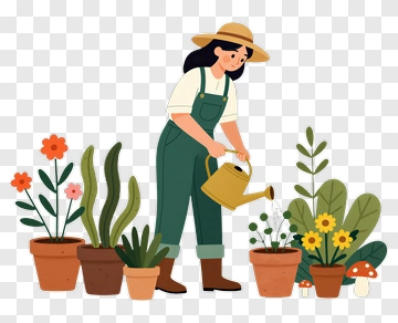 Gardener Watering Potted Plants PNG