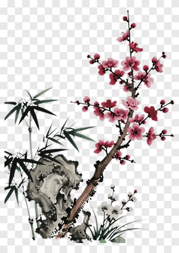 Cherry Blossom Tree With Bamboo And Rocks PNG