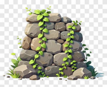 Cartoon Stone Wall With Green Vines PNG