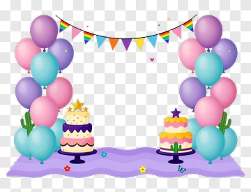 Colorful Birthday Party Decorations With Cakes And Balloons PNG