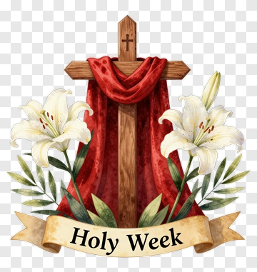 Holy Week Cross With Lilies And Red Drapery PNG