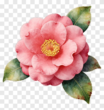 Watercolor Pink Flower With Green Leaves PNG