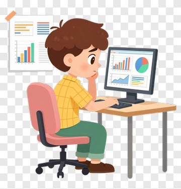 Cartoon Boy Working At A Desk With Computer And Charts PNG