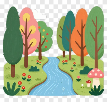 Colorful Forest Scene With River And Mushroom PNG