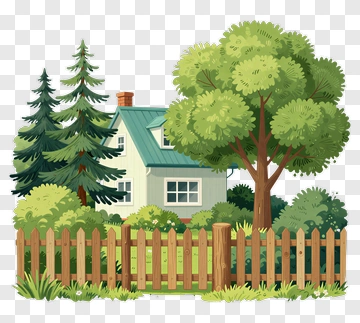 Cozy House Surrounded By Trees And A Wooden Fence PNG