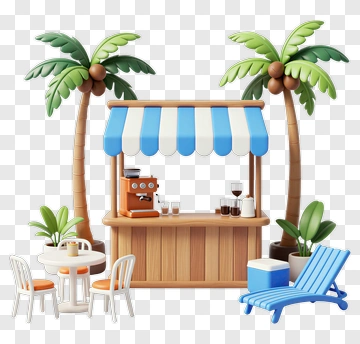Tropical Beach Bar With Palm Trees And Lounge Chairs PNG