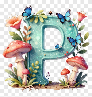 Colorful Letter P Surrounded By Flowers And Mushrooms PNG