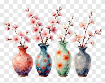 Watercolor Vases With Cherry Blossom Branches PNG