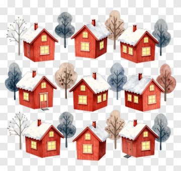 Winter Houses With Snowy Roofs And Trees PNG