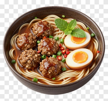 Delicious Noodle Bowl With Meatballs And Eggs PNG