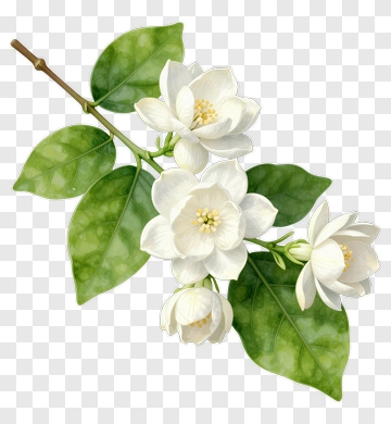 White Flower Branch With Green Leaves PNG