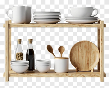Wooden Kitchen Shelf With White Dishware And Condiments PNG
