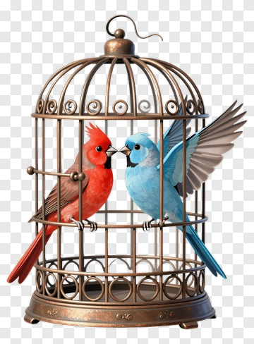 Colorful Birds In A Cage PNG
