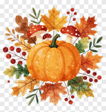 Colorful Pumpkin Surrounded By Autumn Leaves And Mushrooms PNG