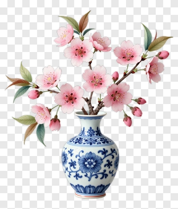 Cherry Blossom Branch In Decorative Vase PNG