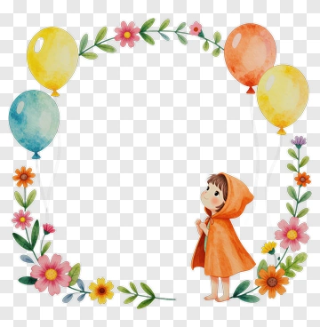 Girl In Orange Hood With Colorful Balloons And Flowers PNG