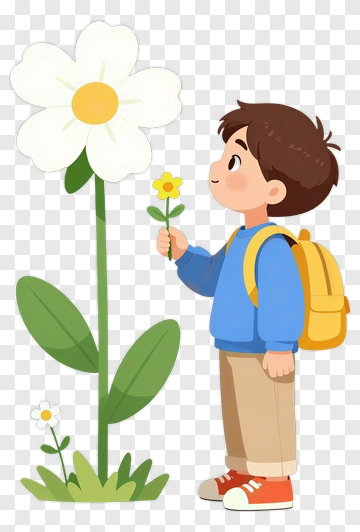 Child Holding A Flower Next To A Large Daisy PNG