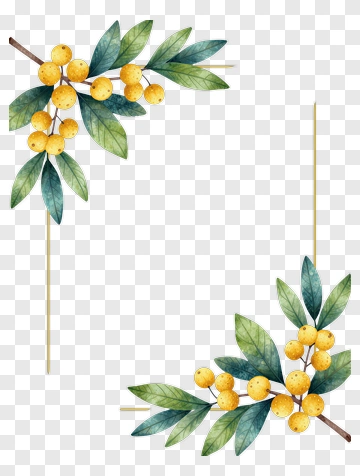 Watercolor Yellow Berries And Green Leaves Frame PNG