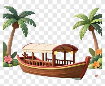 Cartoon Boat Surrounded By Palm Trees And Flowers PNG