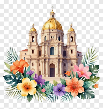 Beautiful Cathedral Surrounded By Colorful Flowers PNG